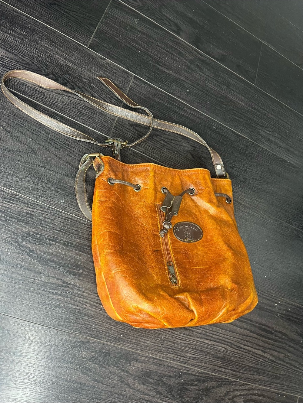 Western Leather Drawstring Crossbody Bucket Bag in Cognac Brown